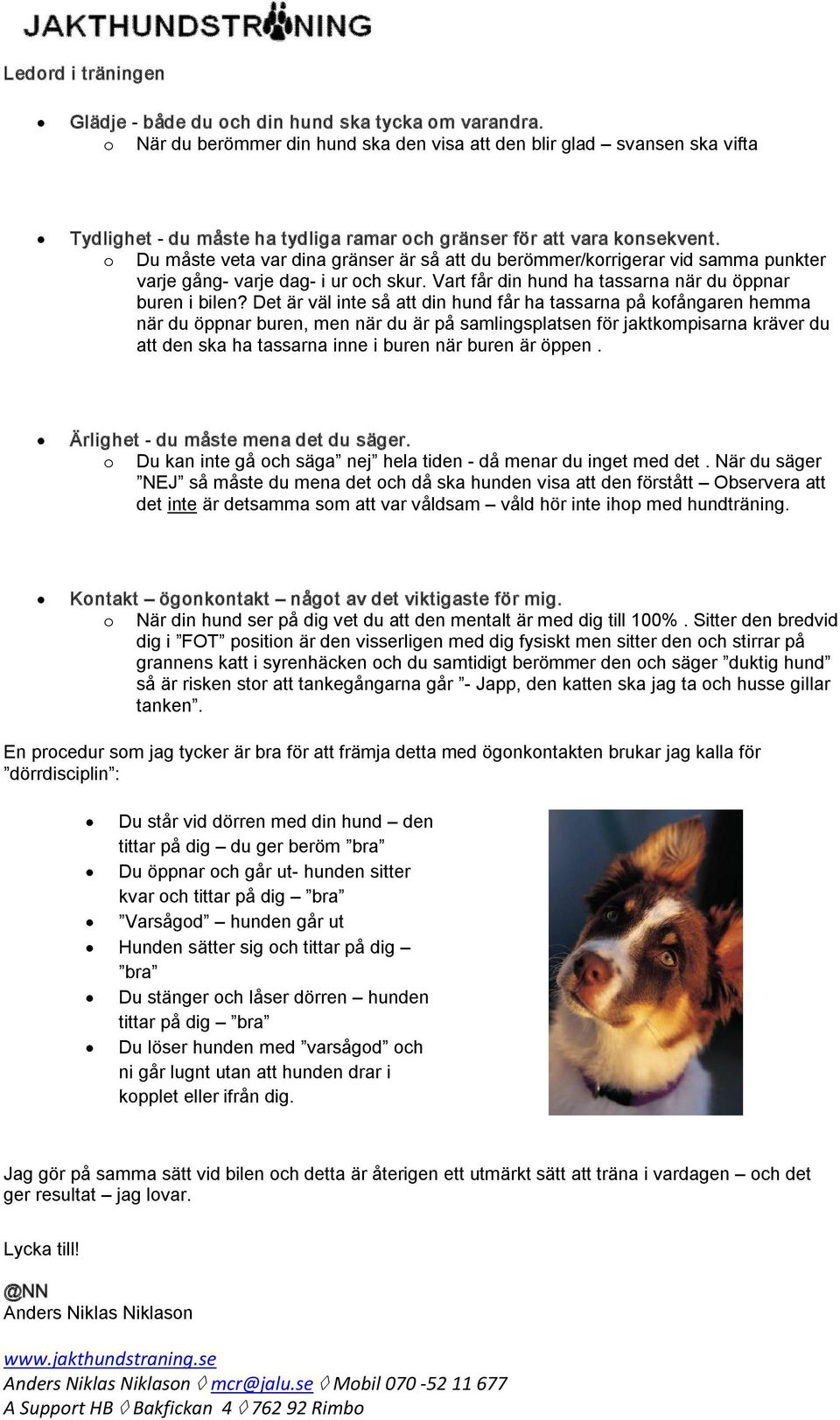 o Du måste veta var dina gränser är så att du berömmer/korrigerar vid samma punkter varje gång varje dag i ur och skur. Vart får din hund ha tassarna när du öppnar buren i bilen?