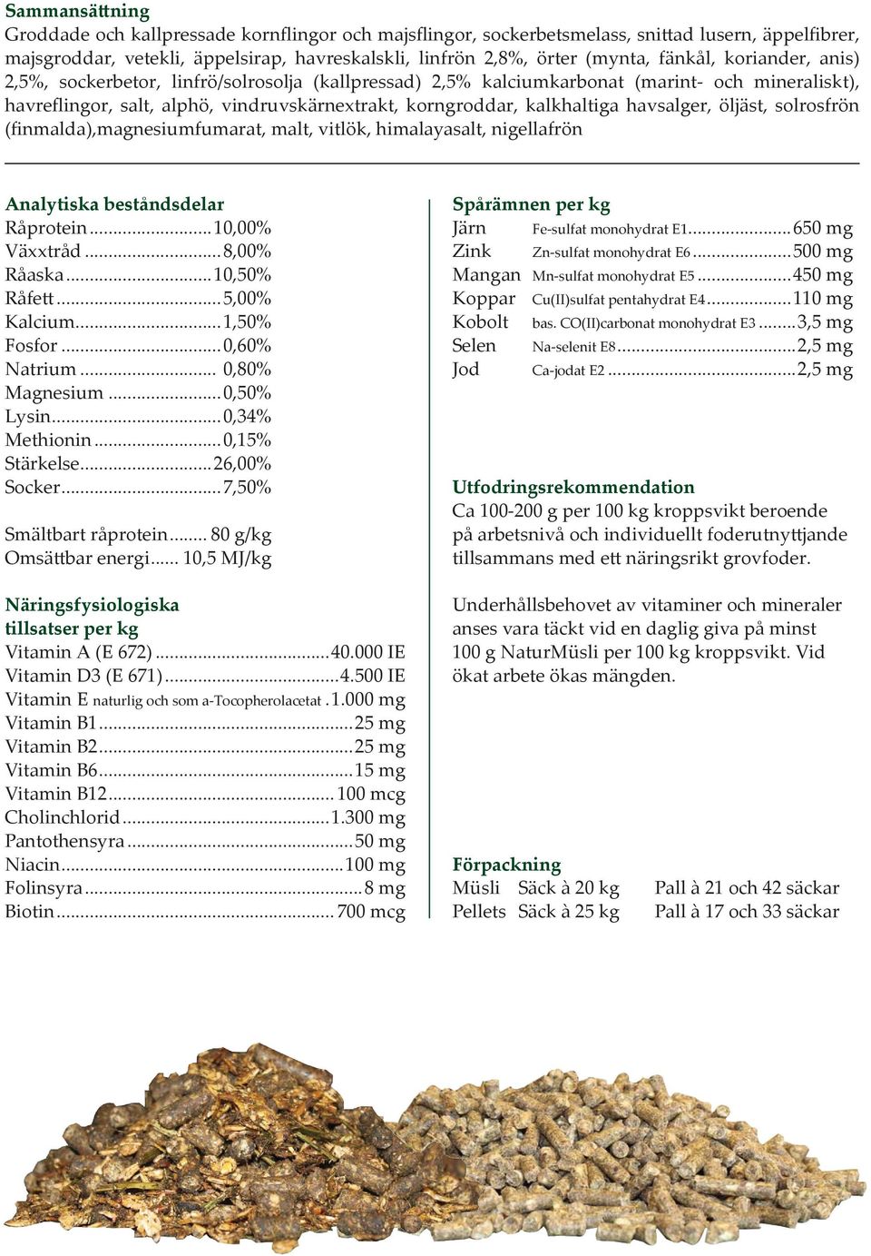 havsalger, öljäst, solrosfrön (finmalda),magnesiumfumarat, malt, vitlök, himalayasalt, nigellafrön Analytiska beståndsdelar Råprotein...10,00% Växxtråd...8,00% Råaska...10,50% Råfett...5,00% Kalcium.