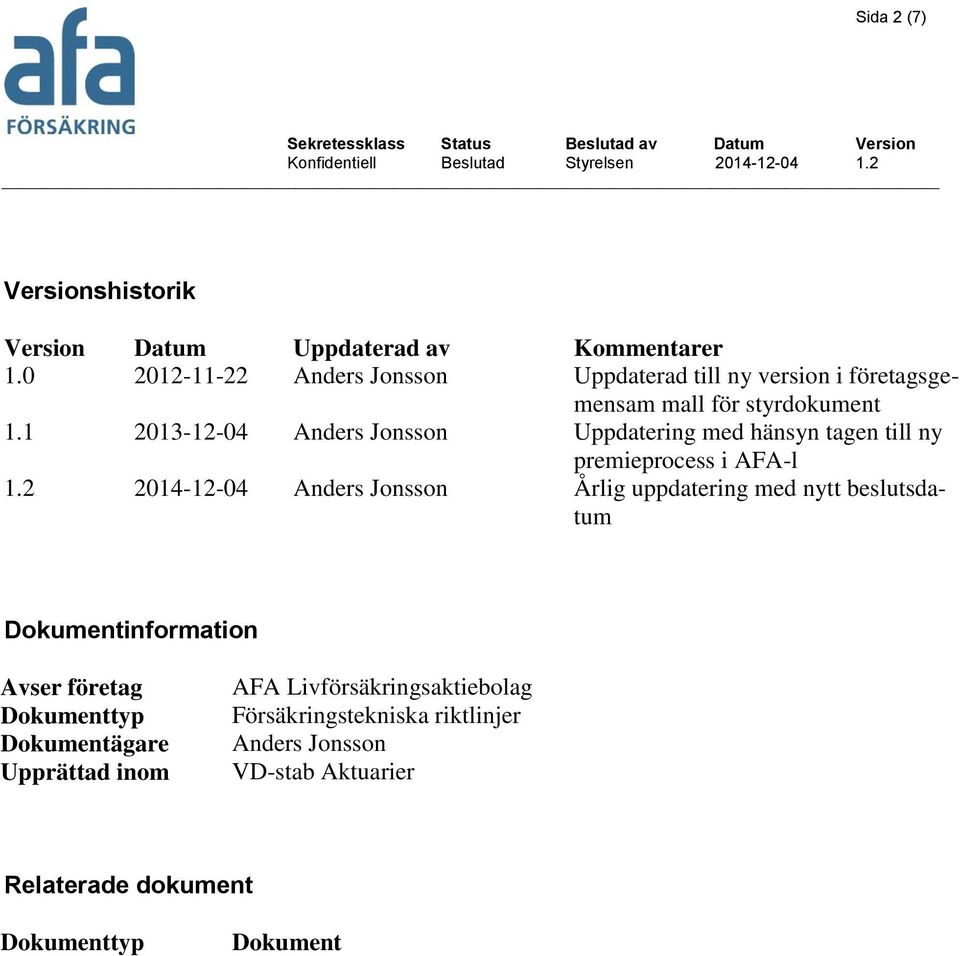 hänsyn tagen till ny premieprocess i AFA-l Årlig uppdatering med nytt beslutsdatum Dokumentinformation Avser