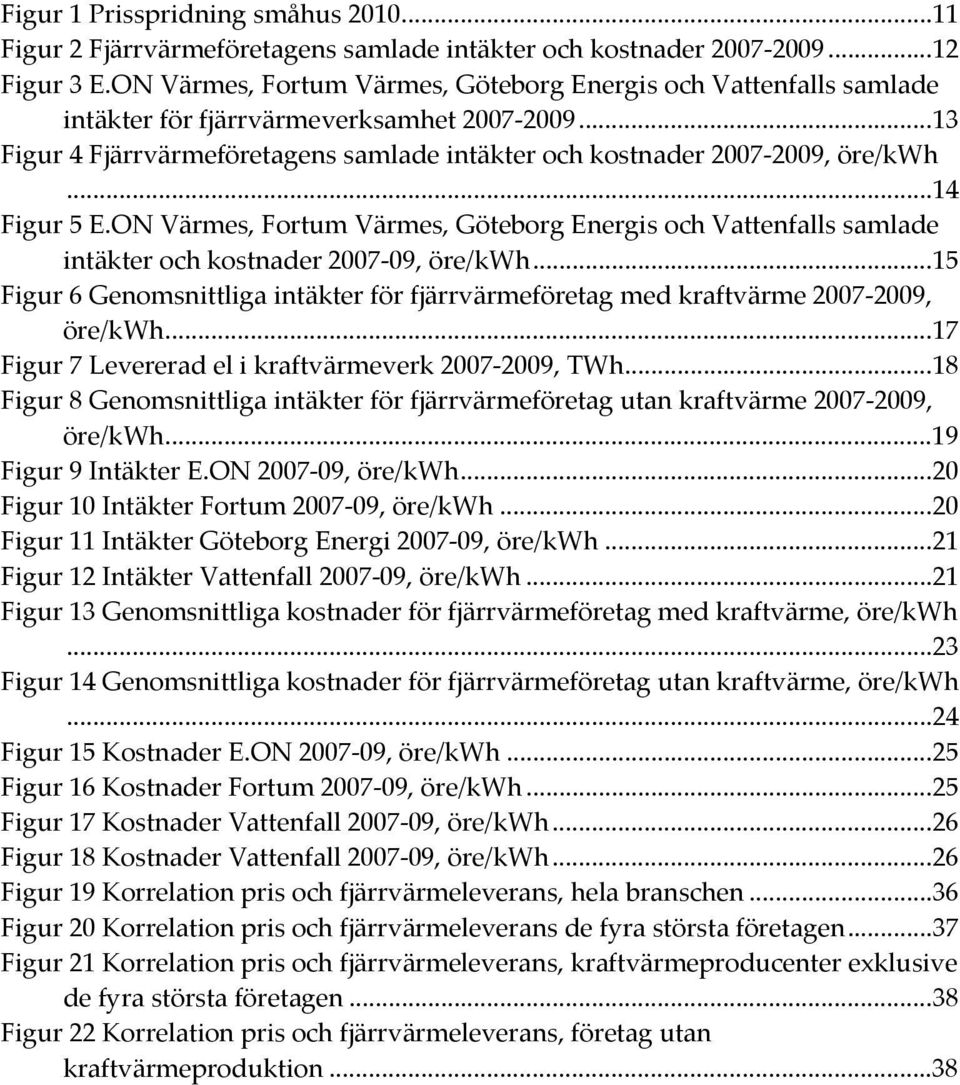 .. 14 Figur 5 E.ON Värmes, Fortum Värmes, Göteborg Energis och Vattenfalls samlade intäkter och kostnader 2007-09, öre/kwh.
