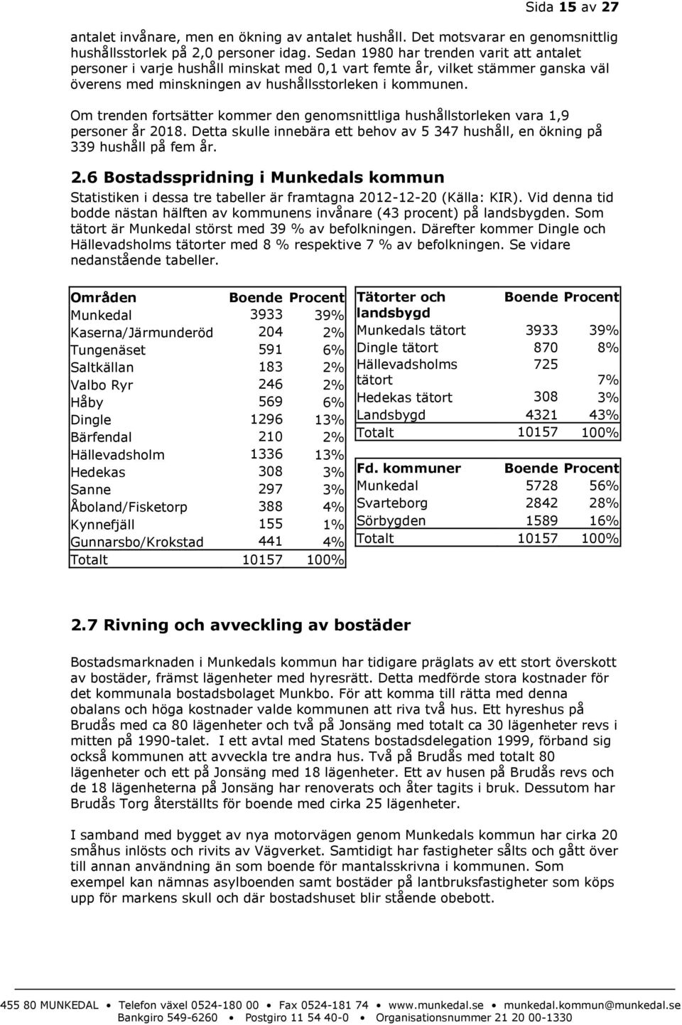 Om trenden fortsätter kommer den genomsnittliga hushållstorleken vara 1,9 personer år 2018. Detta skulle innebära ett behov av 5 347 hushåll, en ökning på 339 hushåll på fem år. 2.6 Bostadsspridning i Munkedals kommun Statistiken i dessa tre tabeller är framtagna 2012-12-20 (Källa: KIR).