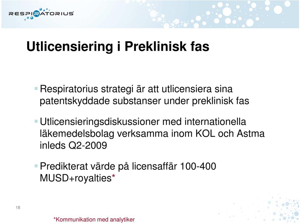 internationella läkemedelsbolag verksamma inom KOL och Astma inleds Q2-2009