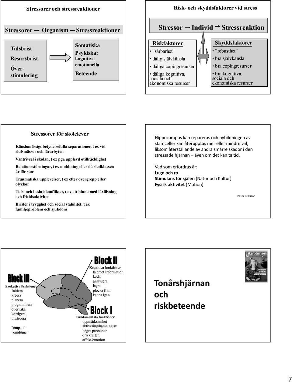 ekonomiska resurser Stressorer för skolelever Känslomässigt betydelsefulla separationer, t ex vid skilsmässor och lärarbyten Vantrivsel i skolan, t ex pga upplevd otillräcklighet Relationsstörningar,