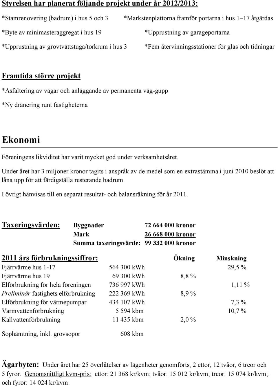 permanenta väggupp *Ny dränering runt fastigheterna Ekonomi Föreningens likviditet har varit mycket god under verksamhetsåret.