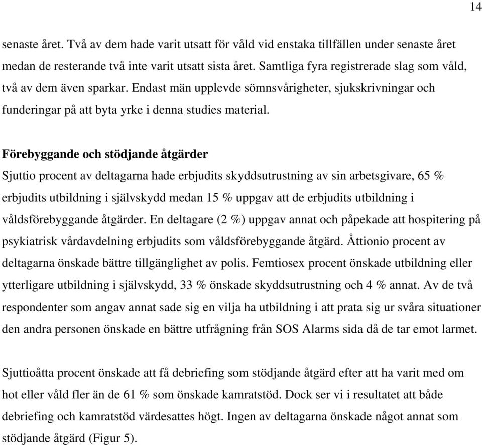 Förebyggande och stödjande åtgärder Sjuttio procent av deltagarna hade erbjudits skyddsutrustning av sin arbetsgivare, 65 % erbjudits utbildning i självskydd medan 15 % uppgav att de erbjudits