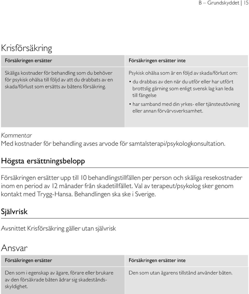 Försäkringen ersätter inte Psykisk ohälsa som är en följd av skada/förlust om: du drabbas av den när du utför eller har utfört brottslig gärning som enligt svensk lag kan leda till fängelse har