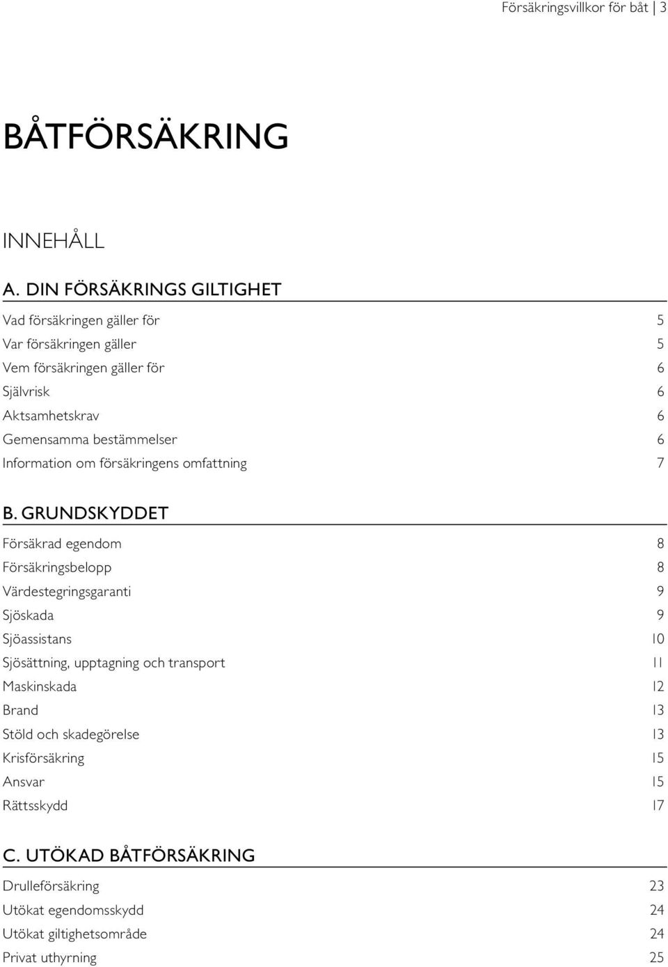 bestämmelser 6 Information om försäkringens omfattning 7 B.