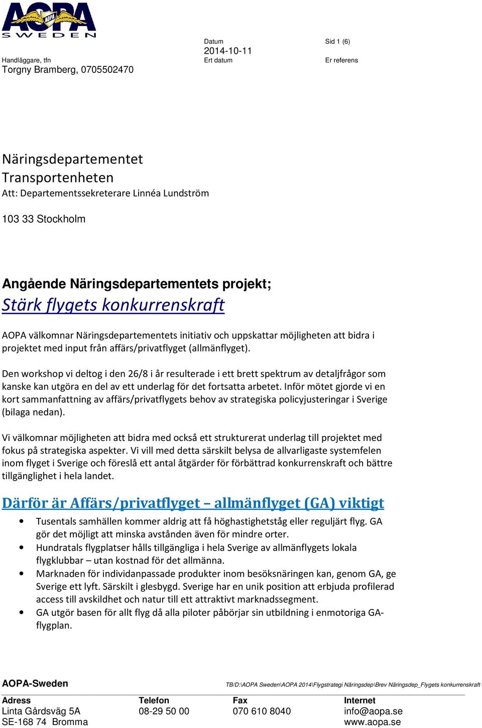 affärs/privatflyget (allmänflyget). Den workshop vi deltog i den 26/8 i år resulterade i ett brett spektrum av detaljfrågor som kanske kan utgöra en del av ett underlag för det fortsatta arbetet.