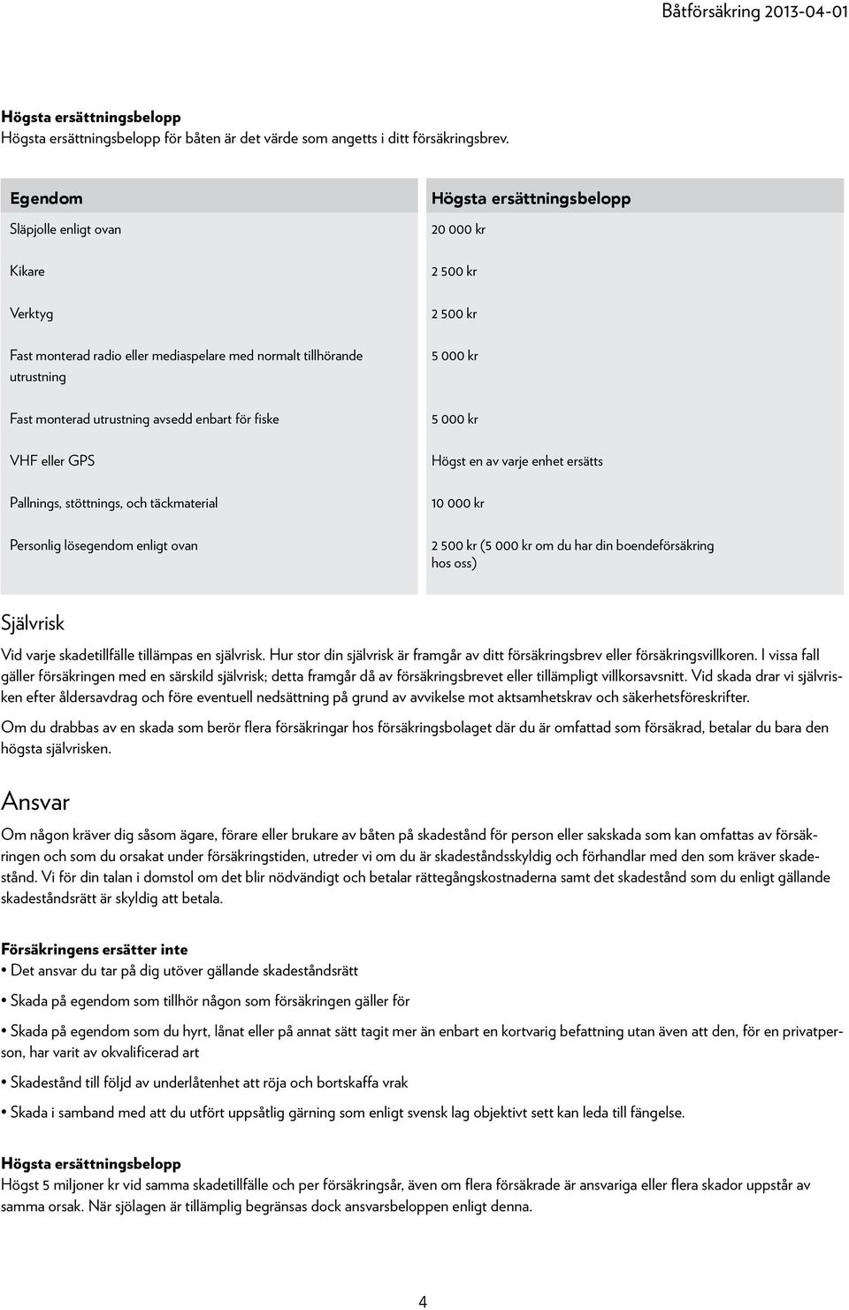 utrustning avsedd enbart för fiske VHF eller GPS Pallnings, stöttnings, och täckmaterial Personlig lösegendom enligt ovan 5 000 kr Högst en av varje enhet ersätts 10 000 kr 2 500 kr (5 000 kr om du