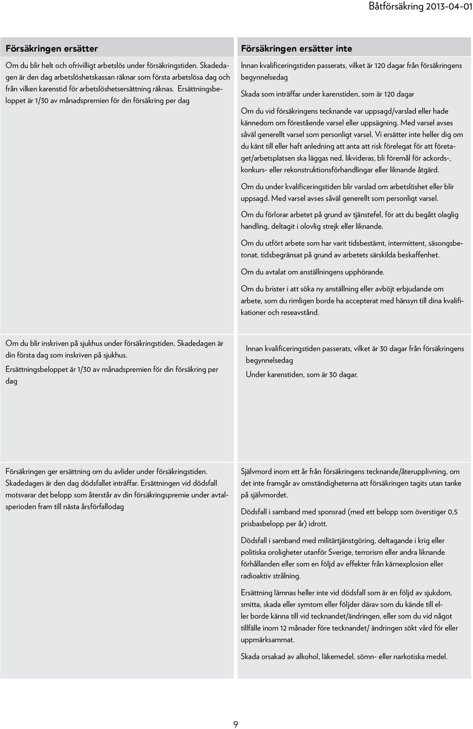 Ersättningsbeloppet är 1/30 av månadspremien för din försäkring per dag Försäkringen ersätter inte Innan kvalificeringstiden passerats, vilket är 120 dagar från försäkringens begynnelsedag Skada som