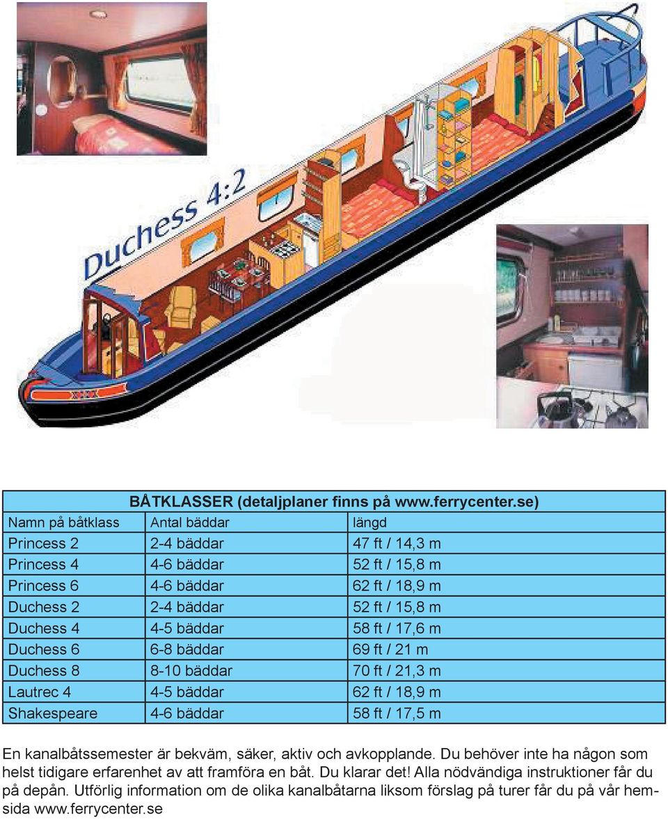 Duchess 4 4-5 bäddar 58 ft / 17,6 m Duchess 6 6-8 bäddar 69 ft / 21 m Duchess 8 8-10 bäddar 70 ft / 21,3 m Lautrec 4 4-5 bäddar 62 ft / 18,9 m Shakespeare 4-6 bäddar 58 ft / 17,5 m