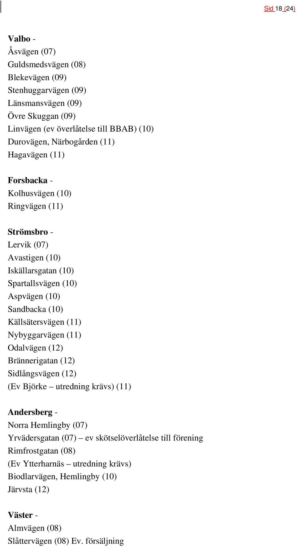 (10) Källsätersvägen (11) Nybyggarvägen (11) Odalvägen (12) Brännerigatan (12) Sidlångsvägen (12) (Ev Björke utredning krävs) (11) Andersberg - Norra Hemlingby (07) Yrvädersgatan