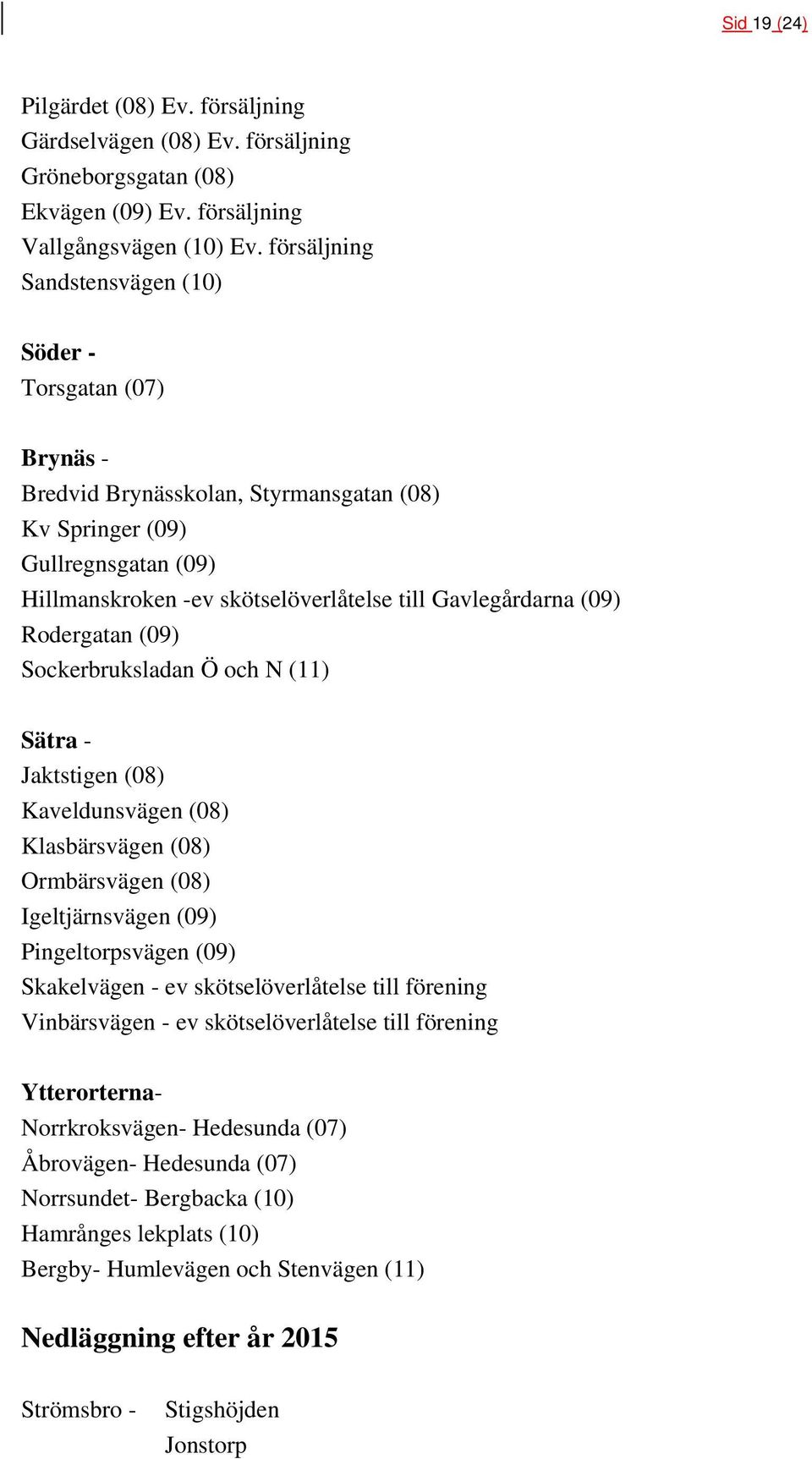 (09) Rodergatan (09) Sockerbruksladan Ö och N (11) Sätra - Jaktstigen (08) Kaveldunsvägen (08) Klasbärsvägen (08) Ormbärsvägen (08) Igeltjärnsvägen (09) Pingeltorpsvägen (09) Skakelvägen - ev