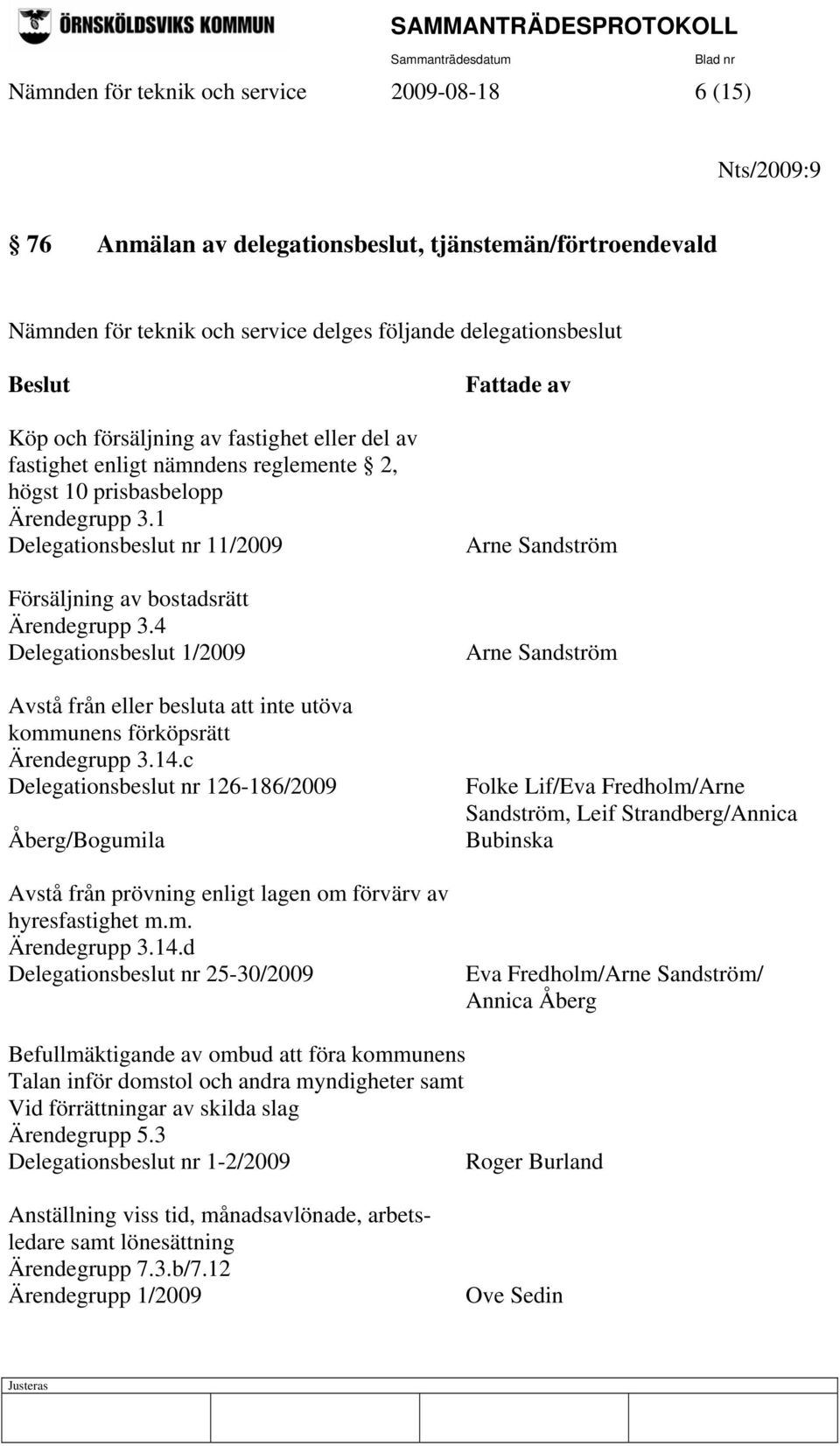 4 Delegationsbeslut 1/2009 Avstå från eller besluta att inte utöva kommunens förköpsrätt Ärendegrupp 3.14.