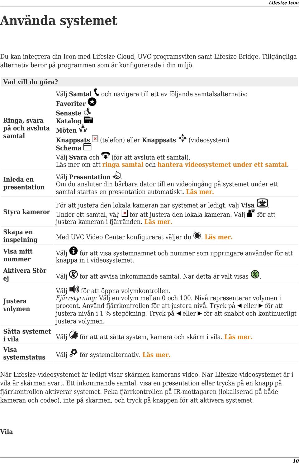 (videosystem) Schema Välj Svara och (för att avsluta ett samtal). Läs mer om att ringa samtal och hantera videosystemet under ett samtal. Välj Presentation.