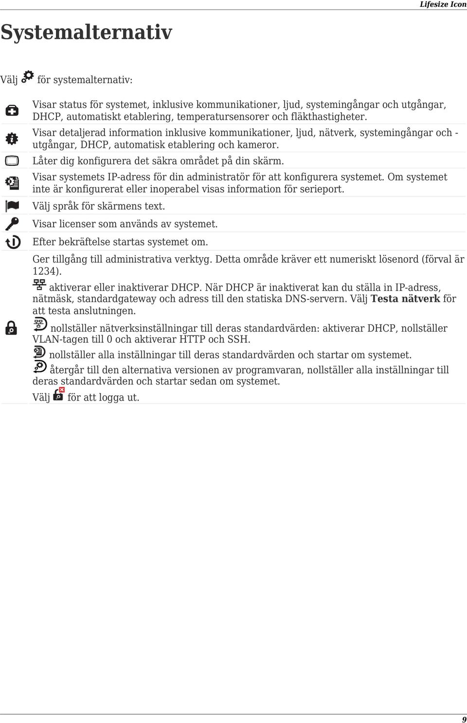 Låter dig konfigurera det säkra området på din skärm. Visar systemets IP-adress för din administratör för att konfigurera systemet.