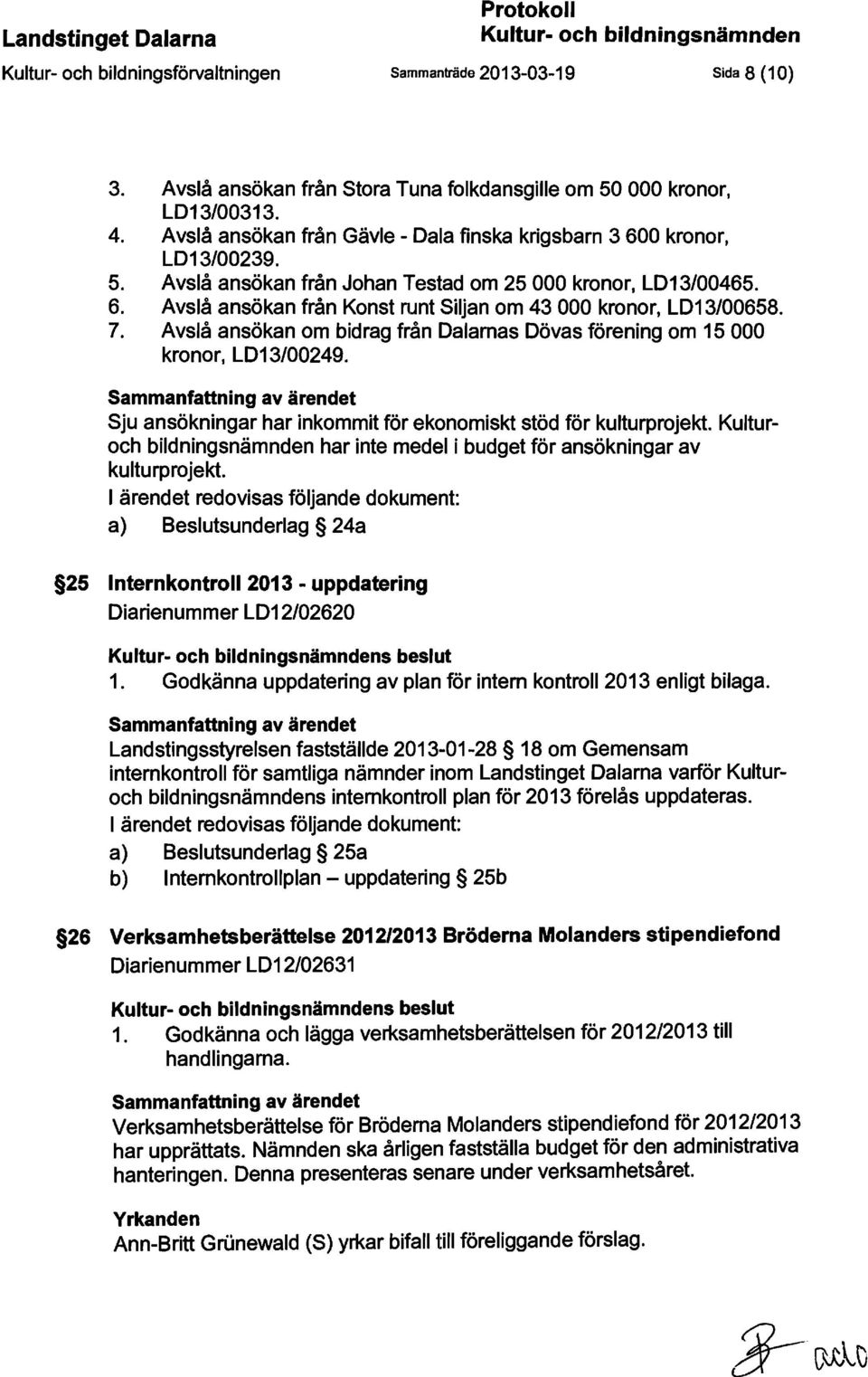 6. Avslå ansökan från Konst runt Siljan om 43 000 kronor, LD13/00658. 7. Avslå ansökan om bidrag från Dalarnas Dövas förening om 15000 kronor, LD13/00249.