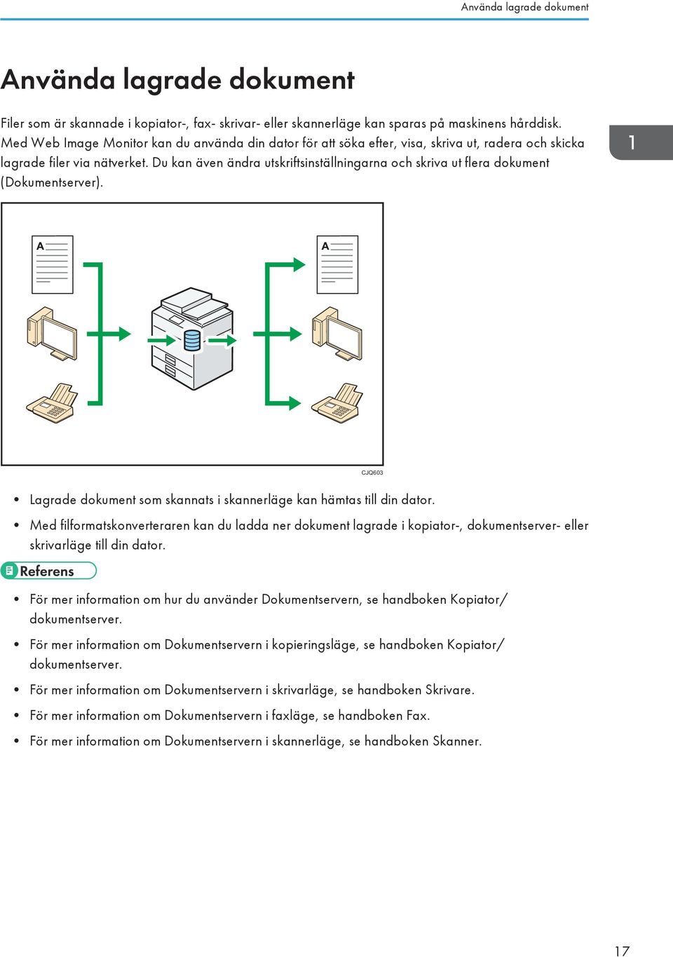 Du kan även ändra utskriftsinställningarna och skriva ut flera dokument (Dokumentserver). CJQ603 Lagrade dokument som skannats i skannerläge kan hämtas till din dator.