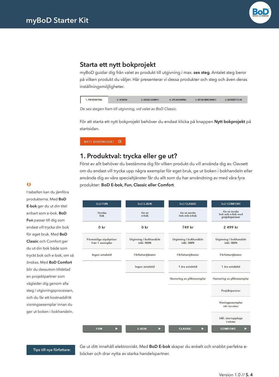 För att starta ett nytt bokprojekt behöver du endast klicka på knappen Nytt bokprojekt på startsidan. I tabellen kan du jämföra produkterna. Med BoD E-bok ger du ut din titel enbart som e-bok.