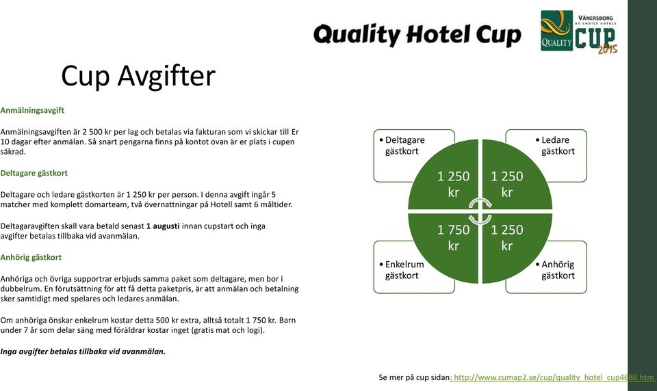 I denna avgift ingår 5 matcher med komplett domarteam, två övernattningar på Hotell samt 6 måltider.