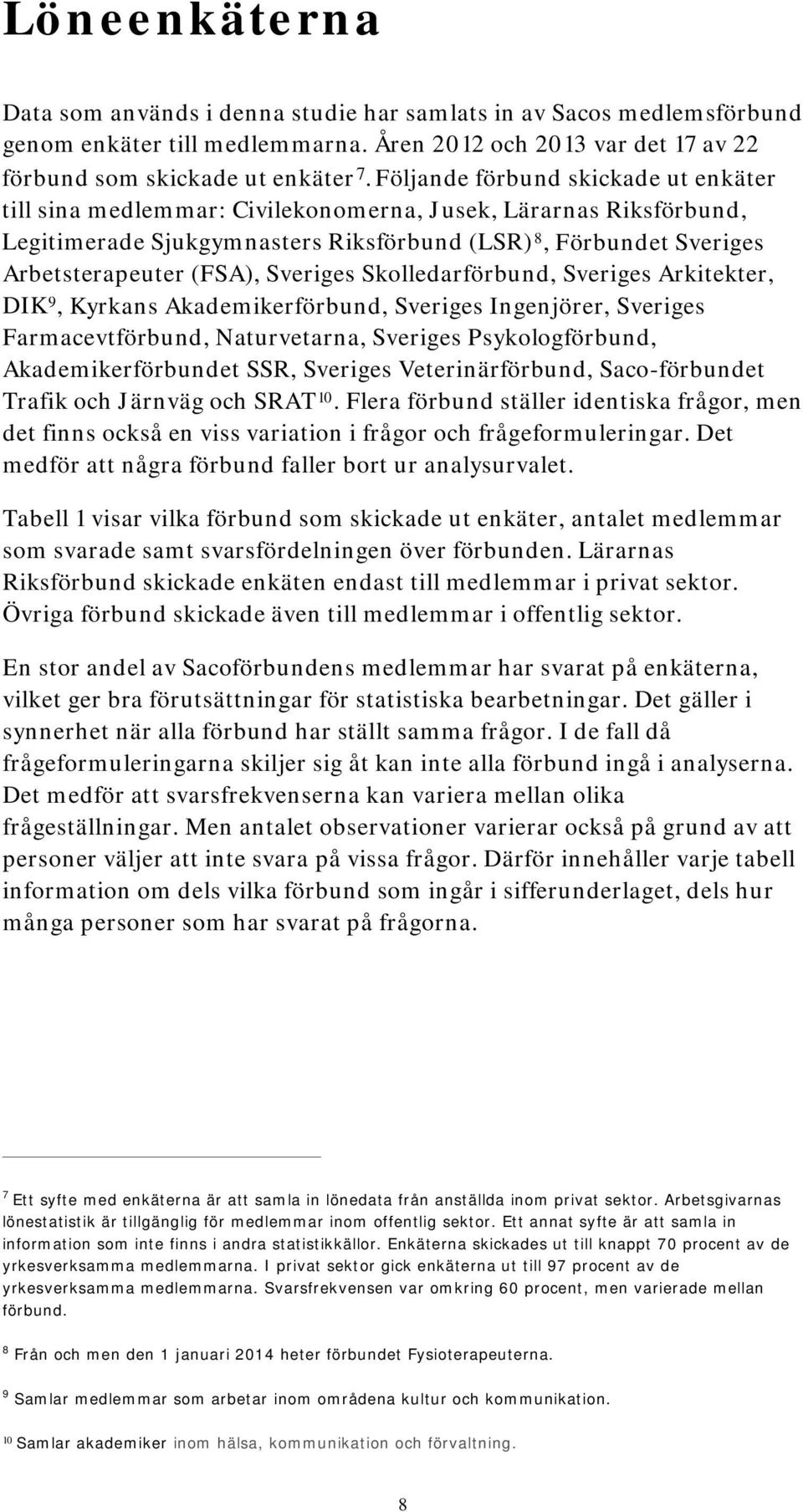 Sveriges Skolledarförbund, Sveriges Arkitekter, DIK 9, Kyrkans Akademikerförbund, Sveriges Ingenjörer, Sveriges Farmacevtförbund, Naturvetarna, Sveriges Psykologförbund, Akademikerförbundet SSR,