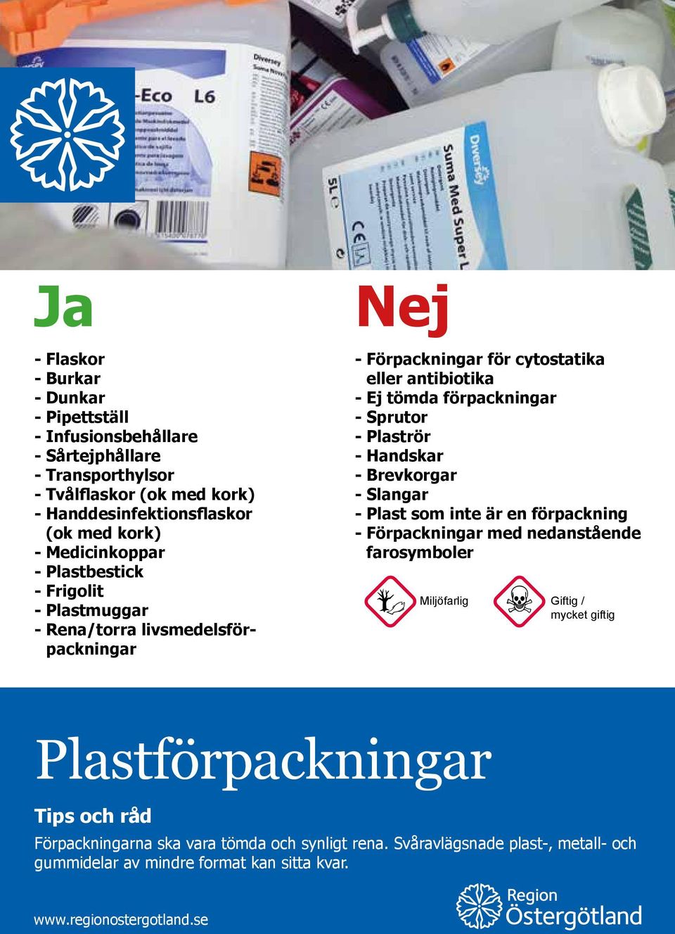 förpackningar - Sprutor - Plaströr - Handskar - Brevkorgar - Slangar - Plast som inte är en förpackning - Förpackningar med nedanstående farosymboler Miljöfarlig
