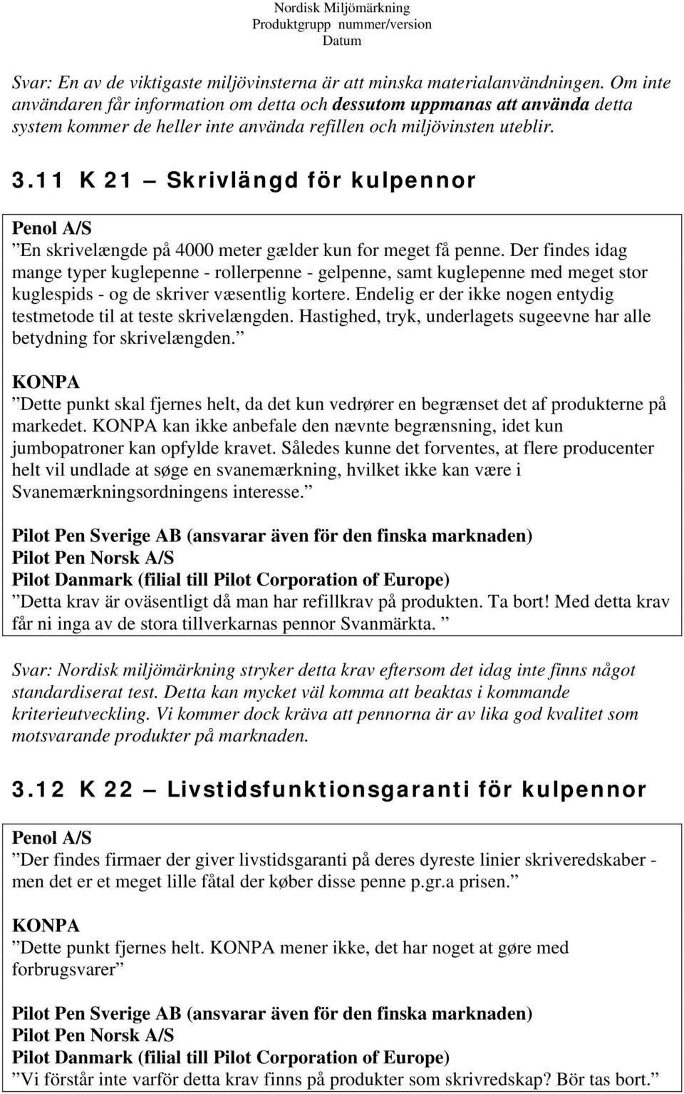 11 K 21 Skrivlängd för kulpennor Penol A/S En skrivelængde på 4000 meter gælder kun for meget få penne.