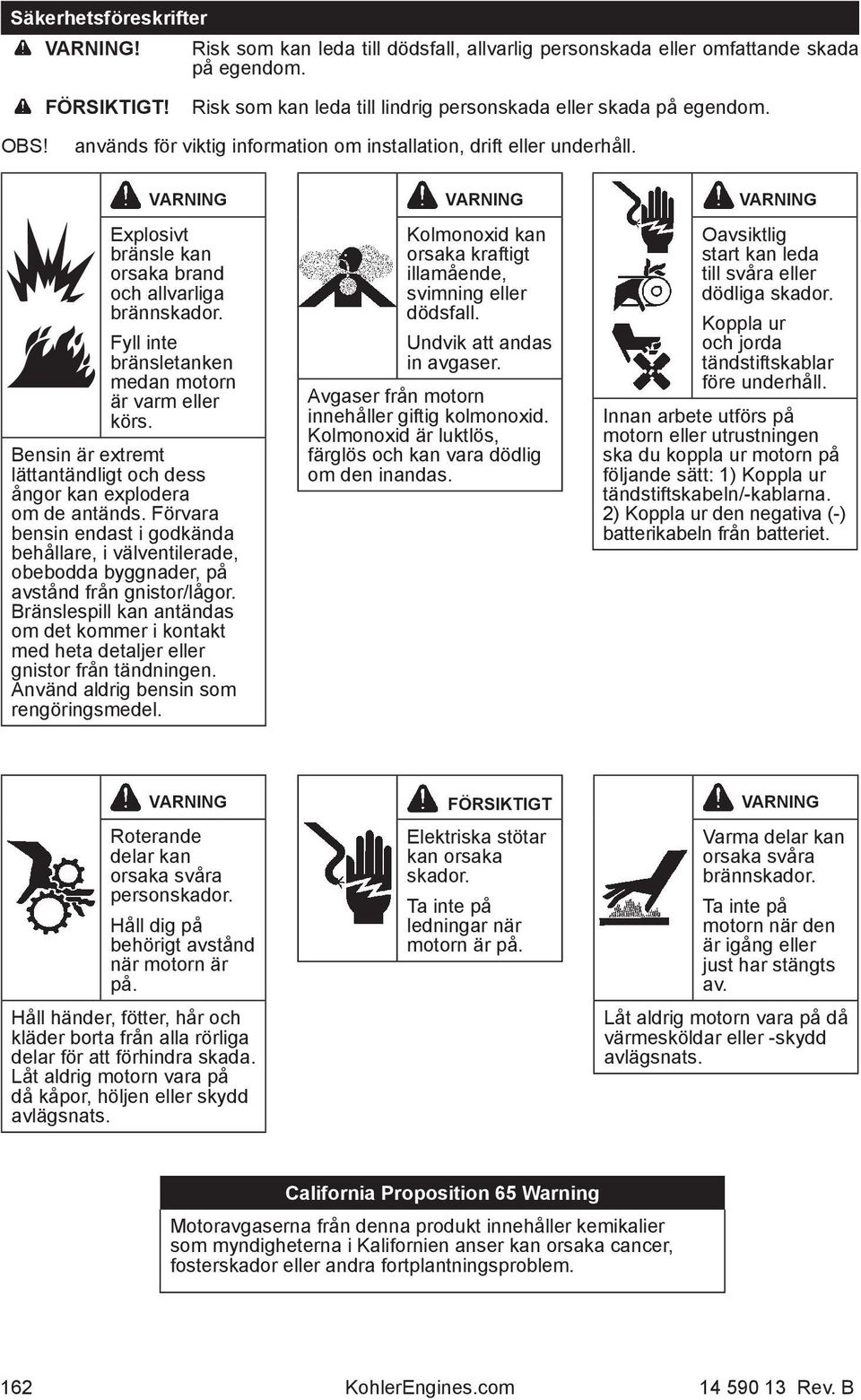 Bensin är extremt lättantändligt och dess ångor kan explodera om de antänds. Förvara bensin endast i godkända behållare, i välventilerade, obebodda byggnader, på avstånd från gnistor/lågor.