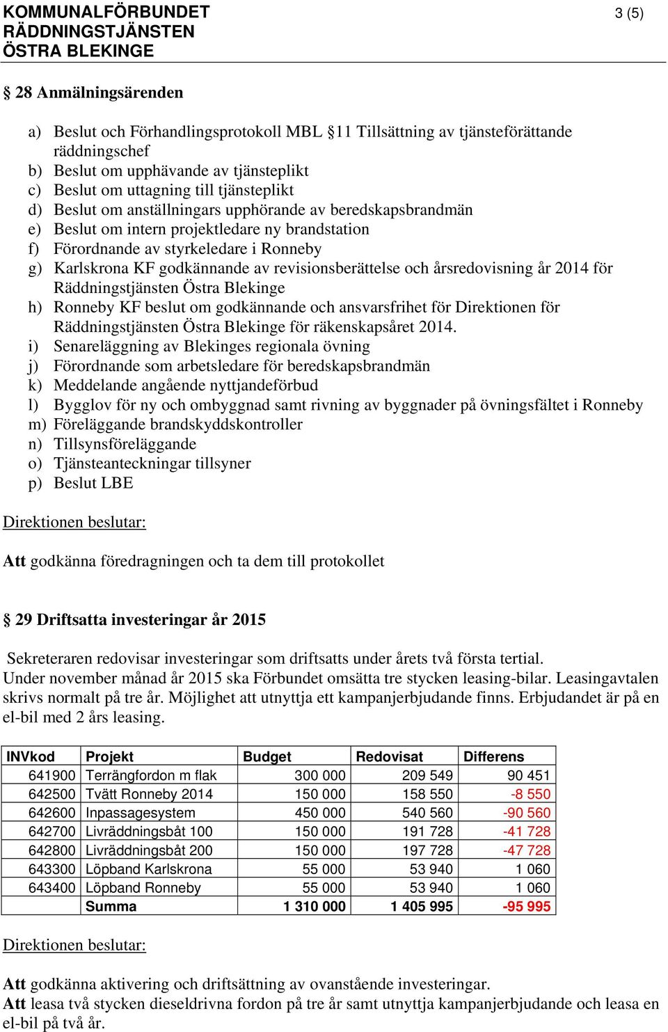 Karlskrona KF godkännande av revisionsberättelse och årsredovisning år 2014 för Räddningstjänsten Östra Blekinge h) Ronneby KF beslut om godkännande och ansvarsfrihet för Direktionen för