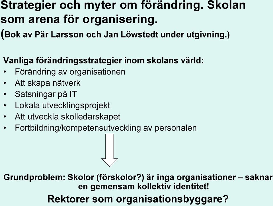 ) Vanliga förändringsstrategier inom skolans värld: Förändring av organisationen Att skapa nätverk Satsningar på IT