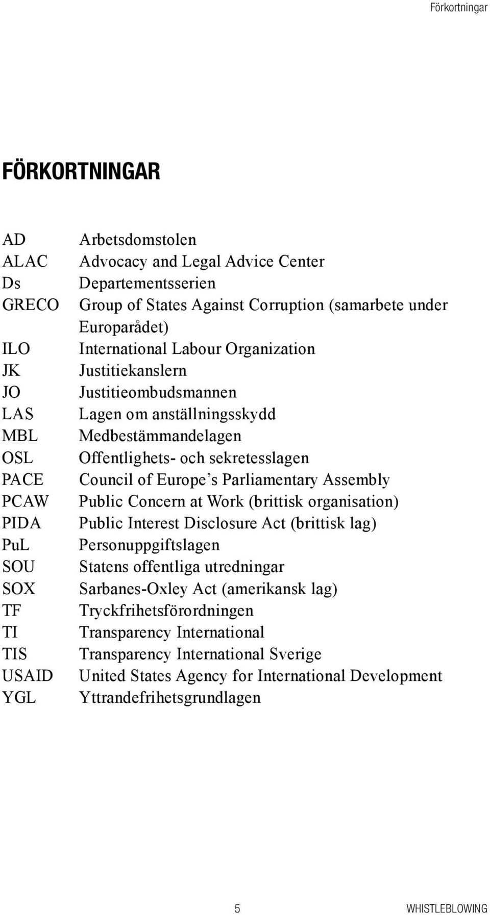 och sekretesslagen Council of Europe s Parliamentary Assembly Public Concern at Work (brittisk organisation) Public Interest Disclosure Act (brittisk lag) Personuppgiftslagen Statens