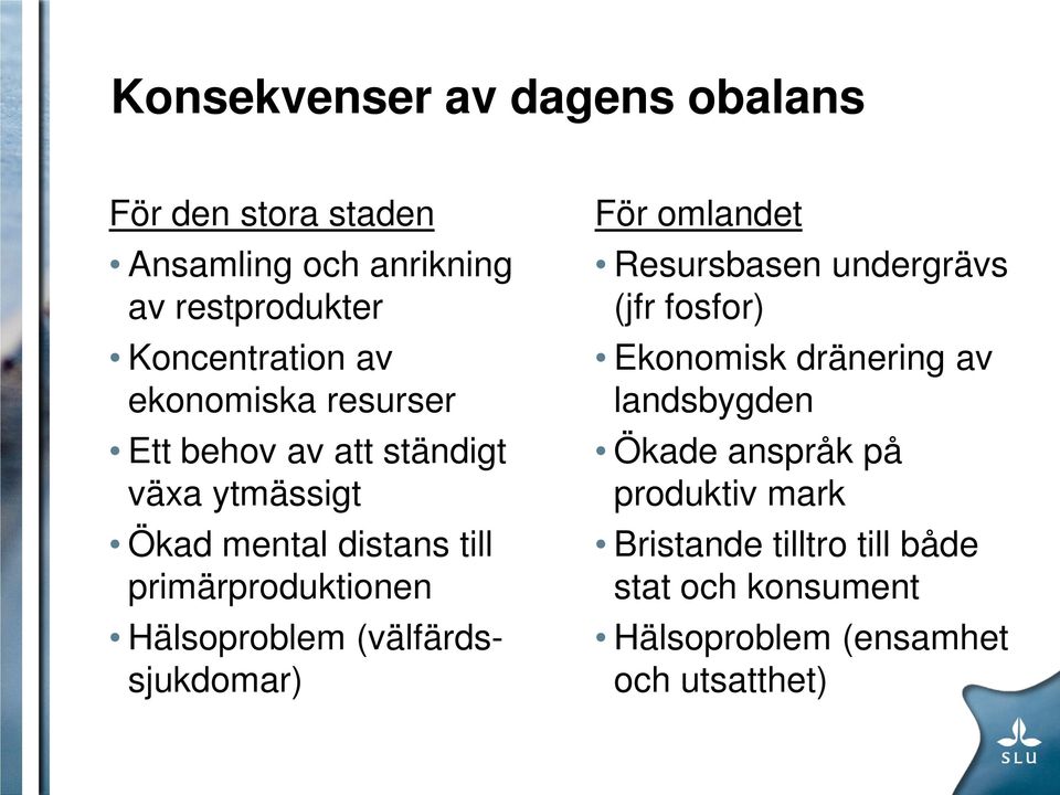 Hälsoproblem (välfärdssjukdomar) För omlandet Resursbasen undergrävs (jfr fosfor) Ekonomisk dränering av