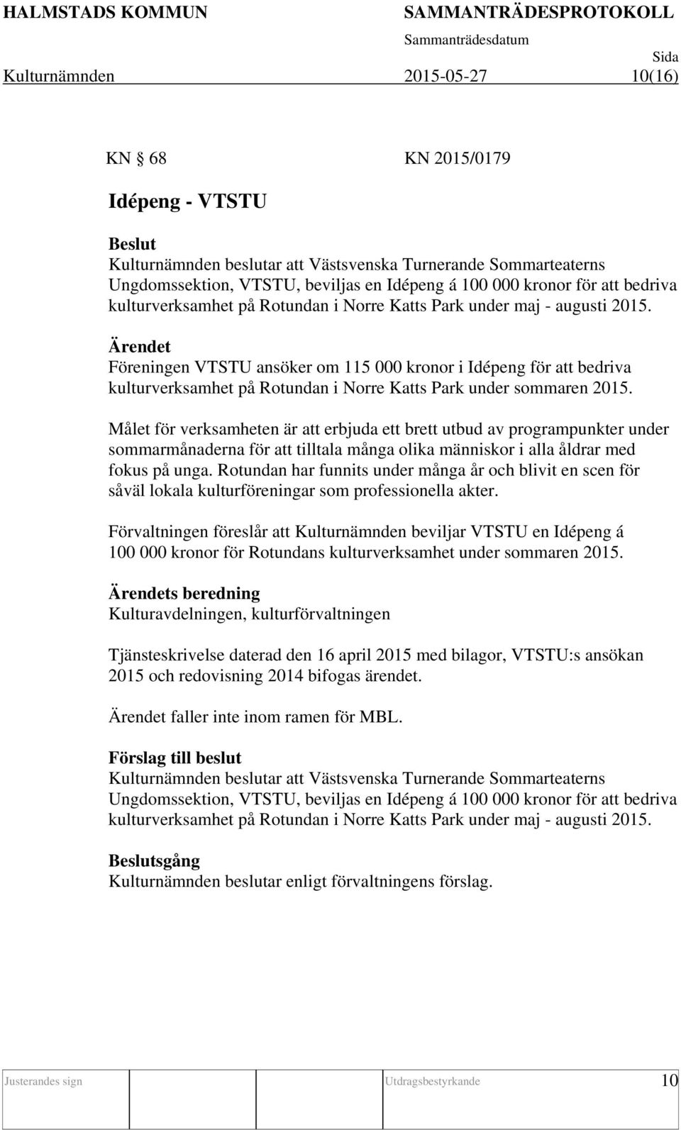 Föreningen VTSTU ansöker om 115 000 kronor i Idépeng för att bedriva kulturverksamhet på Rotundan i Norre Katts Park under sommaren 2015.