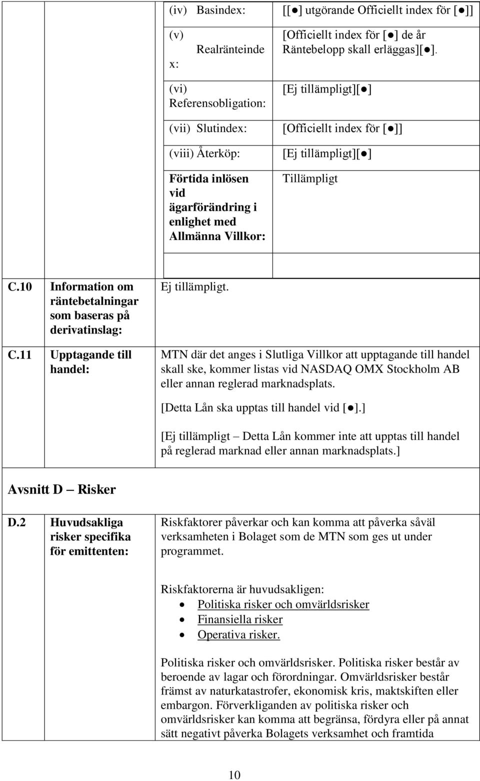 Tillämpligt C.10 Information om räntebetalningar som baseras på derivatinslag: C.11 Upptagande till handel: Ej tillämpligt.