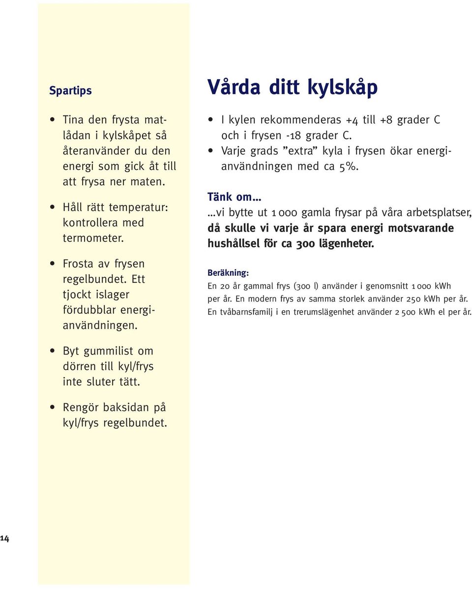 Varje grads extra kyla i frysen ökar energianvändningen med ca 5%.