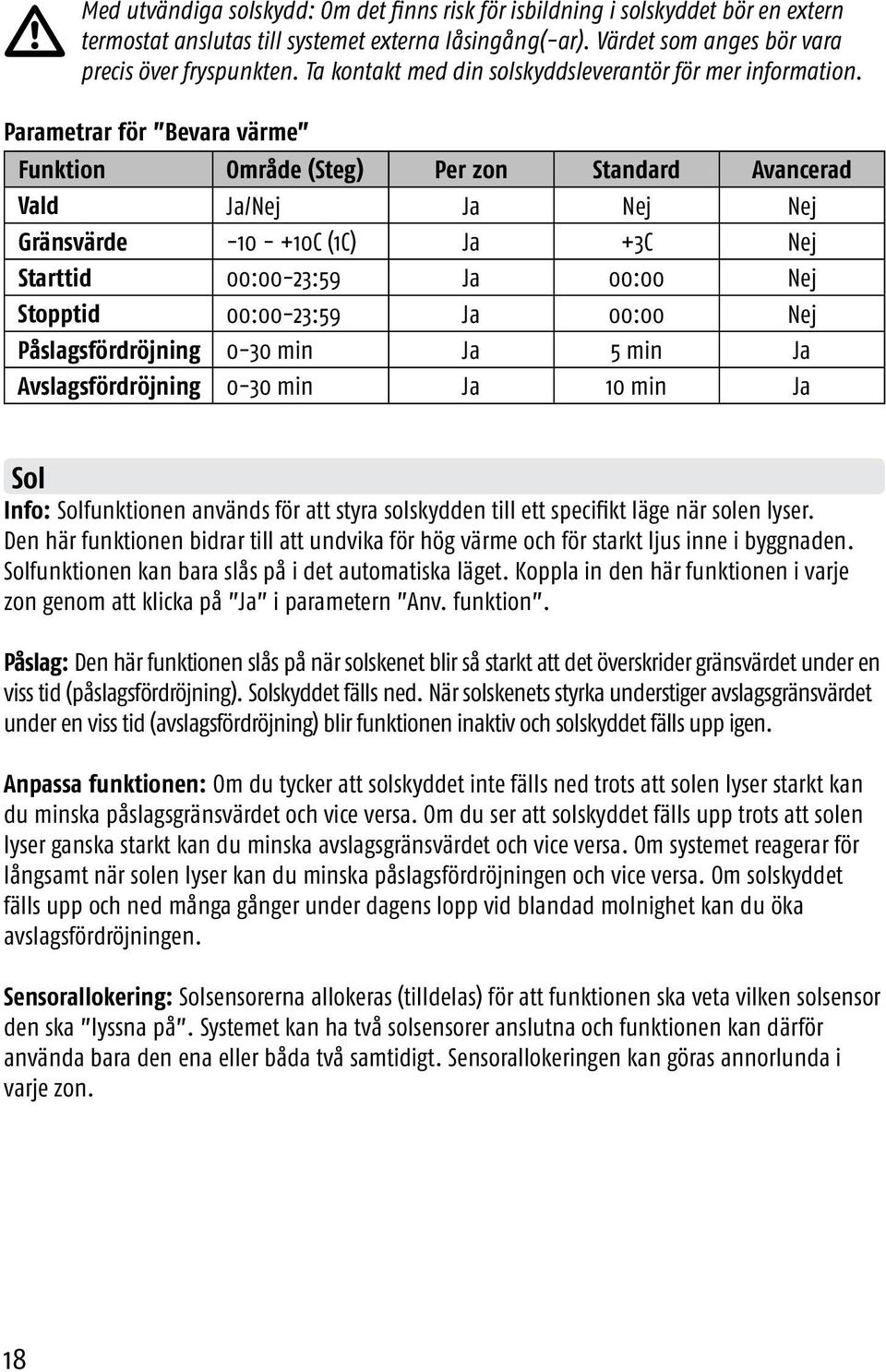 Parametrar för Bevara värme Funktion Område (Steg) Per zon Standard Avancerad Vald Ja/Nej Ja Nej Nej Gränsvärde -10 - +10C (1C) Ja +3C Nej Starttid 00:00-23:59 Ja 00:00 Nej Stopptid 00:00-23:59 Ja