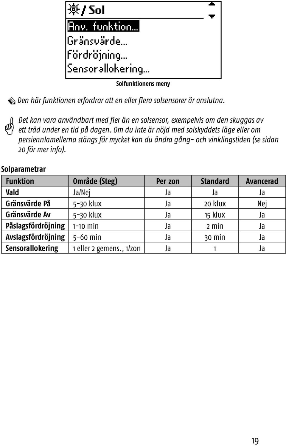 Om du inte är nöjd med solskyddets läge eller om persiennlamellerna stängs för mycket kan du ändra gång- och vinklingstiden (se sidan 20 för mer info).