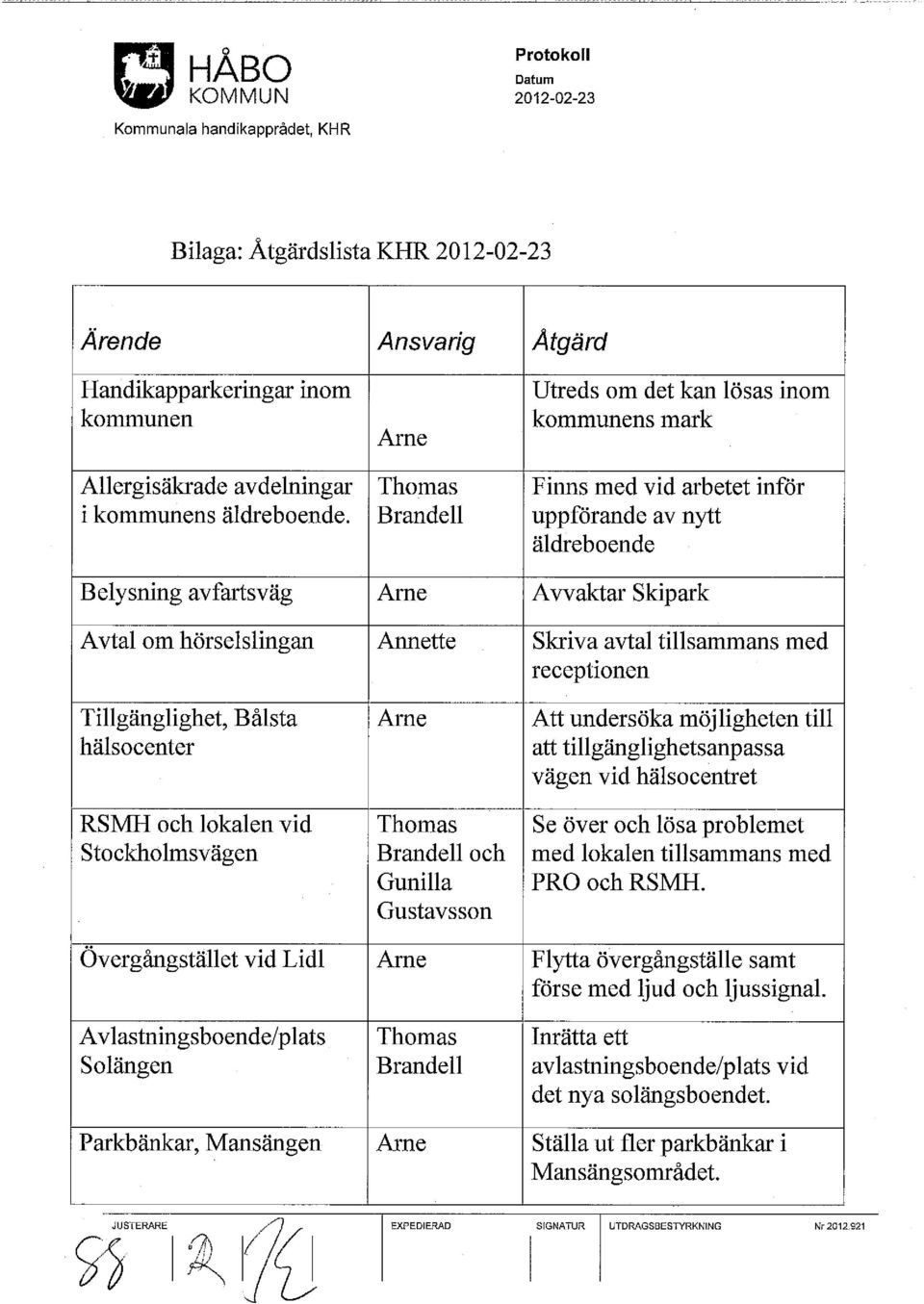 Brandell uppförande av nytt äldreboende Belysning avfartsväg Arne Avvaktar Skipark Avtal om hörselslingan Annette Skriva avtal tillsammans med receptionen Tillgänglighet, Bålsta Arne Att undersöka