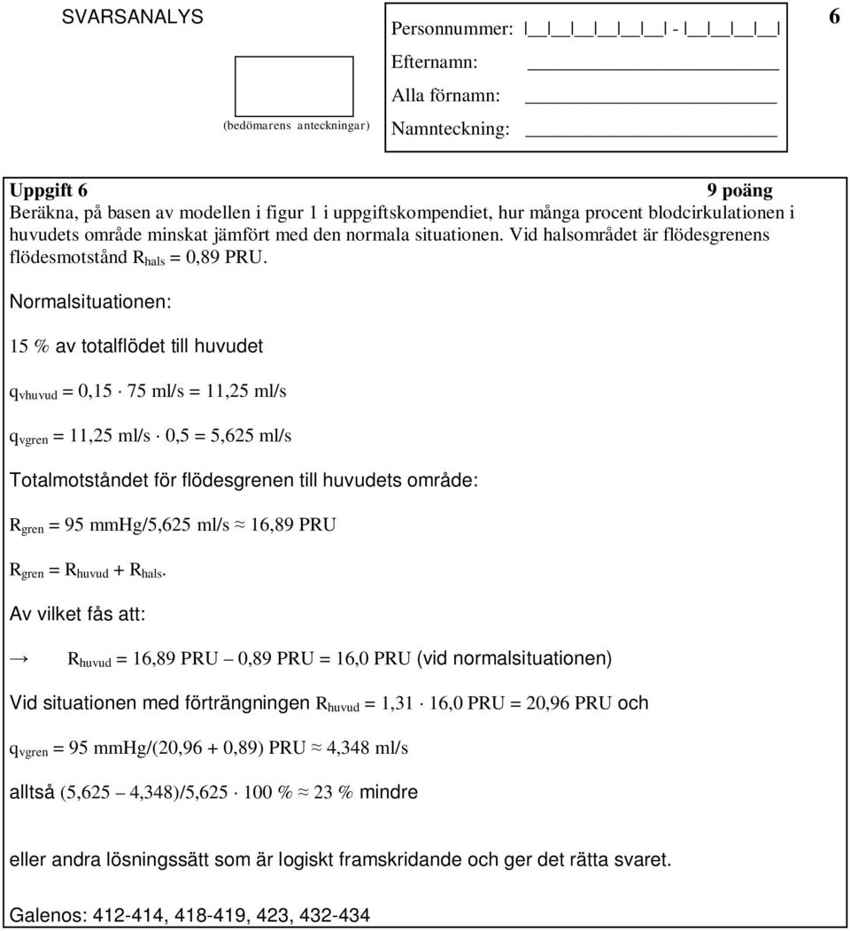 Normalsituationen: 15 % av totalflödet till huvudet q vhuvud = 0,15 75 ml/s = 11,25 ml/s q vgren = 11,25 ml/s 0,5 = 5,625 ml/s Totalmotståndet för flödesgrenen till huvudets område: R gren = 95