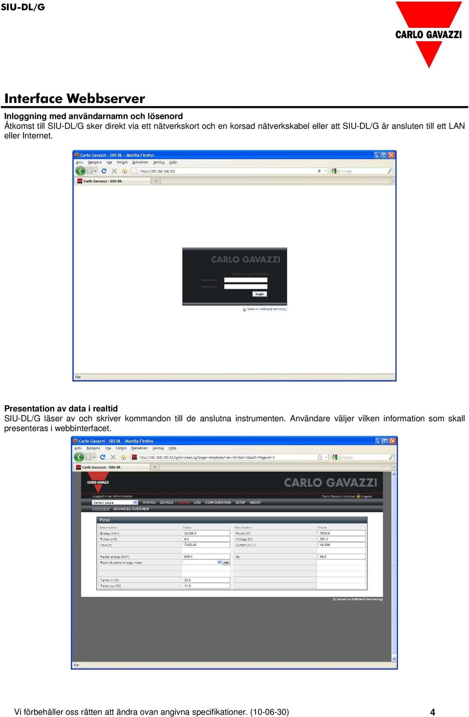 Presentation av data i realtid /G läser av och skriver kommandon till de anslutna instrumenten.