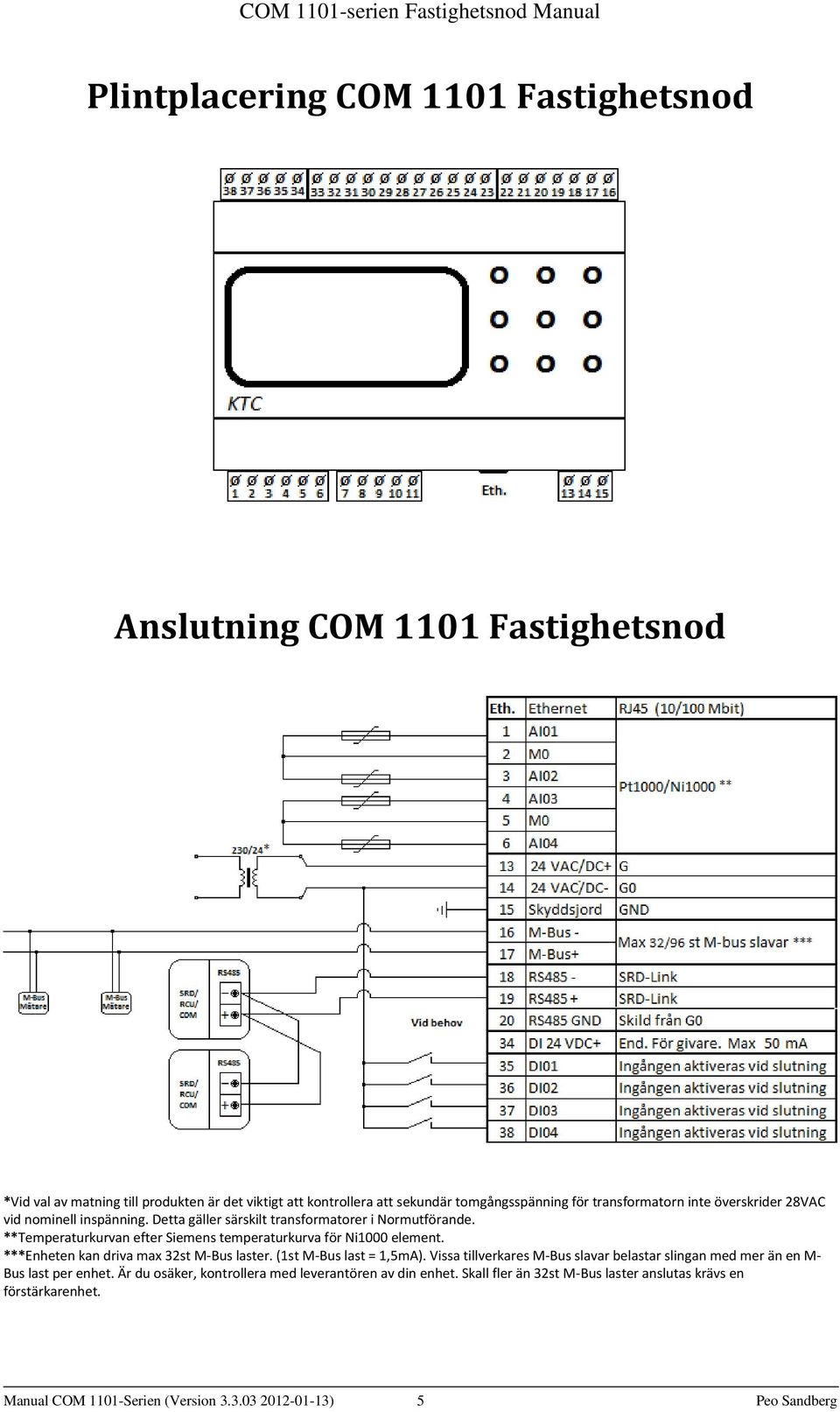 **Temperaturkurvan efter Siemens temperaturkurva för Ni1000 element. ***Enheten kan driva max 32st M-Bus laster. (1st M-Bus last = 1,5mA).