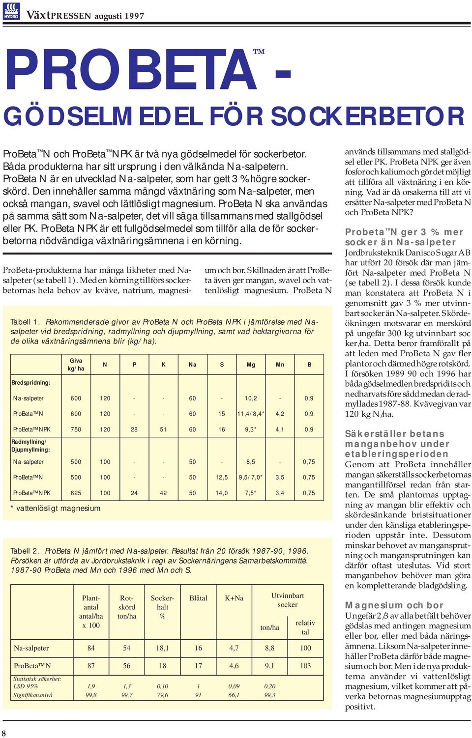 ProBeta N ska användas på samma sätt som Na-salpeter, det vill säga tillsammans med stallgödsel eller PK.