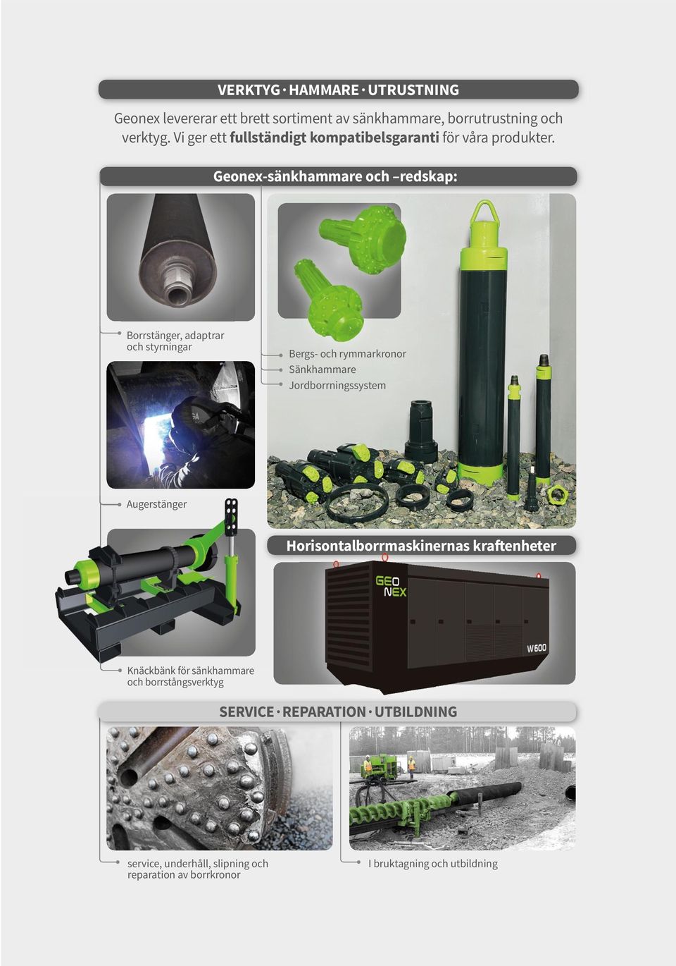 Geonex-sänkhammare och redskap: Borrstänger, adaptrar och styrningar Bergs- och rymmarkronor Sänkhammare Jordborrningssystem