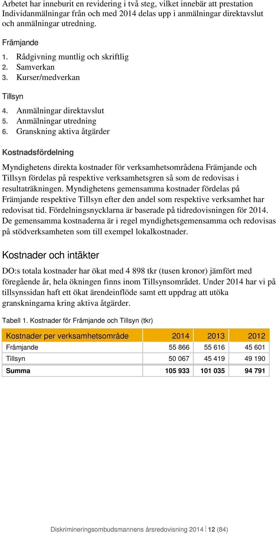 Granskning aktiva åtgärder Kostnadsfördelning Myndighetens direkta kostnader för verksamhetsområdena Främjande och Tillsyn fördelas på respektive verksamhetsgren så som de redovisas i