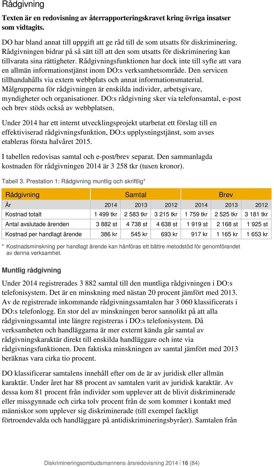 Rådgivningsfunktionen har dock inte till syfte att vara en allmän informationstjänst inom DO:s verksamhetsområde. Den servicen tillhandahålls via extern webbplats och annat informationsmaterial.