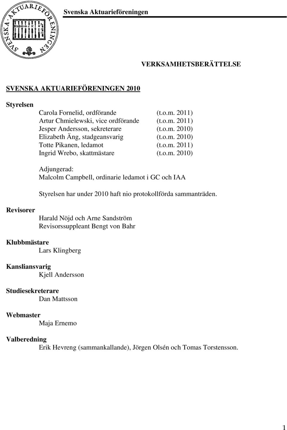 Revisorer Harald Nöjd och Arne Sandström Revisorssuppleant Bengt von Bahr Klubbmästare Lars Klingberg Kansliansvarig Kjell Andersson Studiesekreterare Dan Mattsson Webmaster Maja