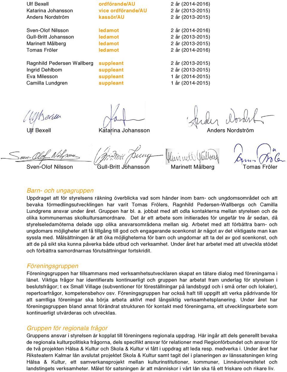 (2013-2015) Eva Milesson suppleant 1 år (2014-2015) Camilla Lundgren suppleant 1 år (2014-2015) Ulf Bexell Katarina Johansson Anders Nordström Sven-Olof Nilsson Gull-Britt Johansson Marinett Målberg