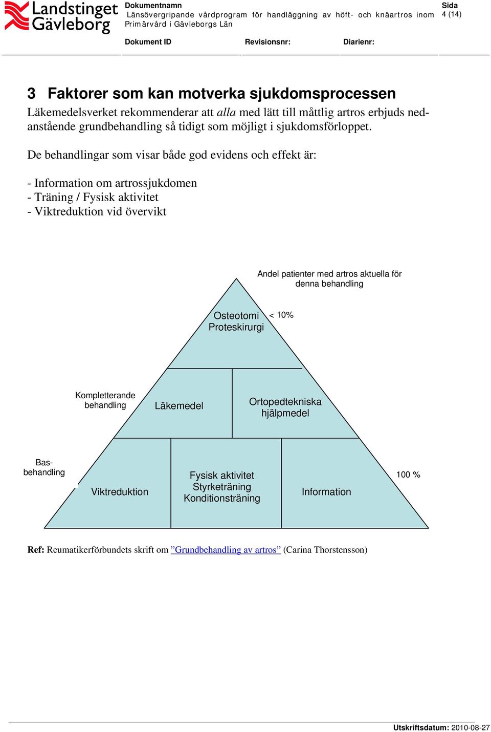 De behandlingar som visar både god evidens och effekt är: - Information om artrossjukdomen - Träning / Fysisk aktivitet - Viktreduktion vid övervikt Andel patienter med