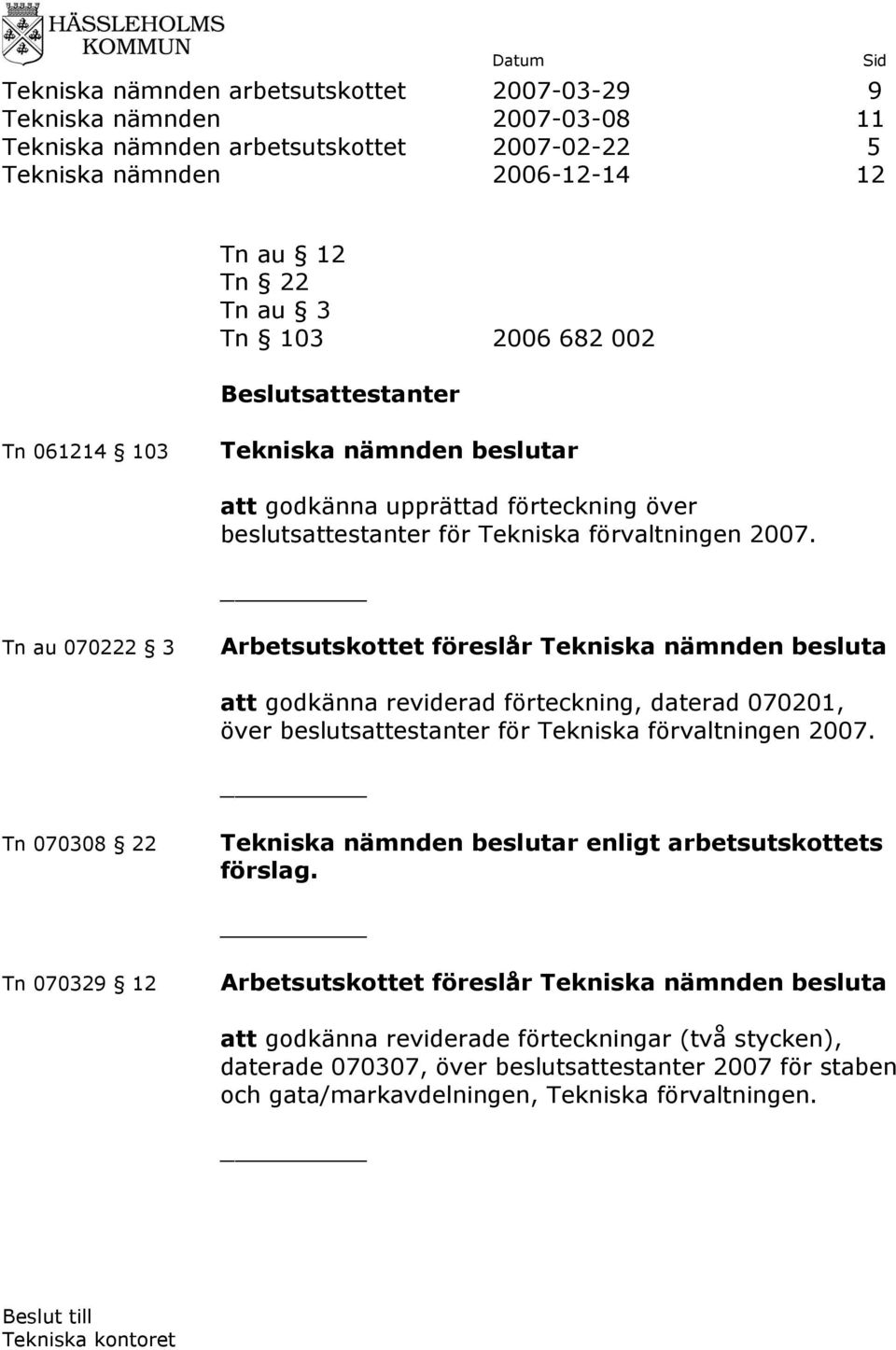 Tn au 070222 3 att godkänna reviderad förteckning, daterad 070201, över beslutsattestanter för Tekniska förvaltningen 2007.