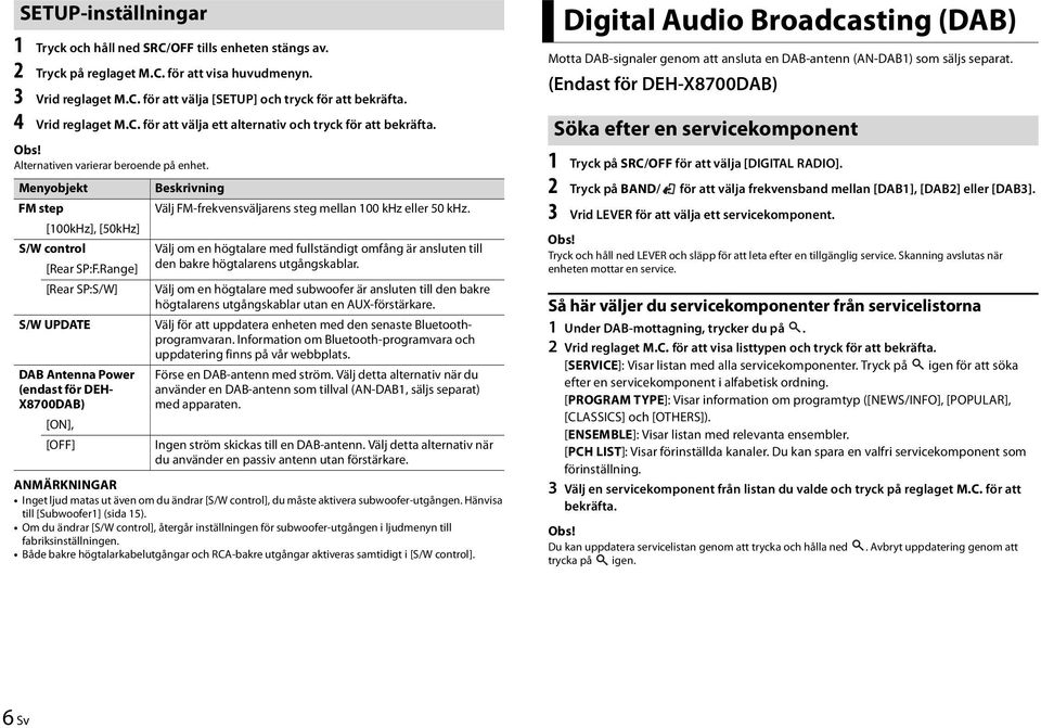 [100kHz], [50kHz] S/W control Välj om en högtalare med fullständigt omfång är ansluten till [Rear SP:F.Range] den bakre högtalarens utgångskablar.